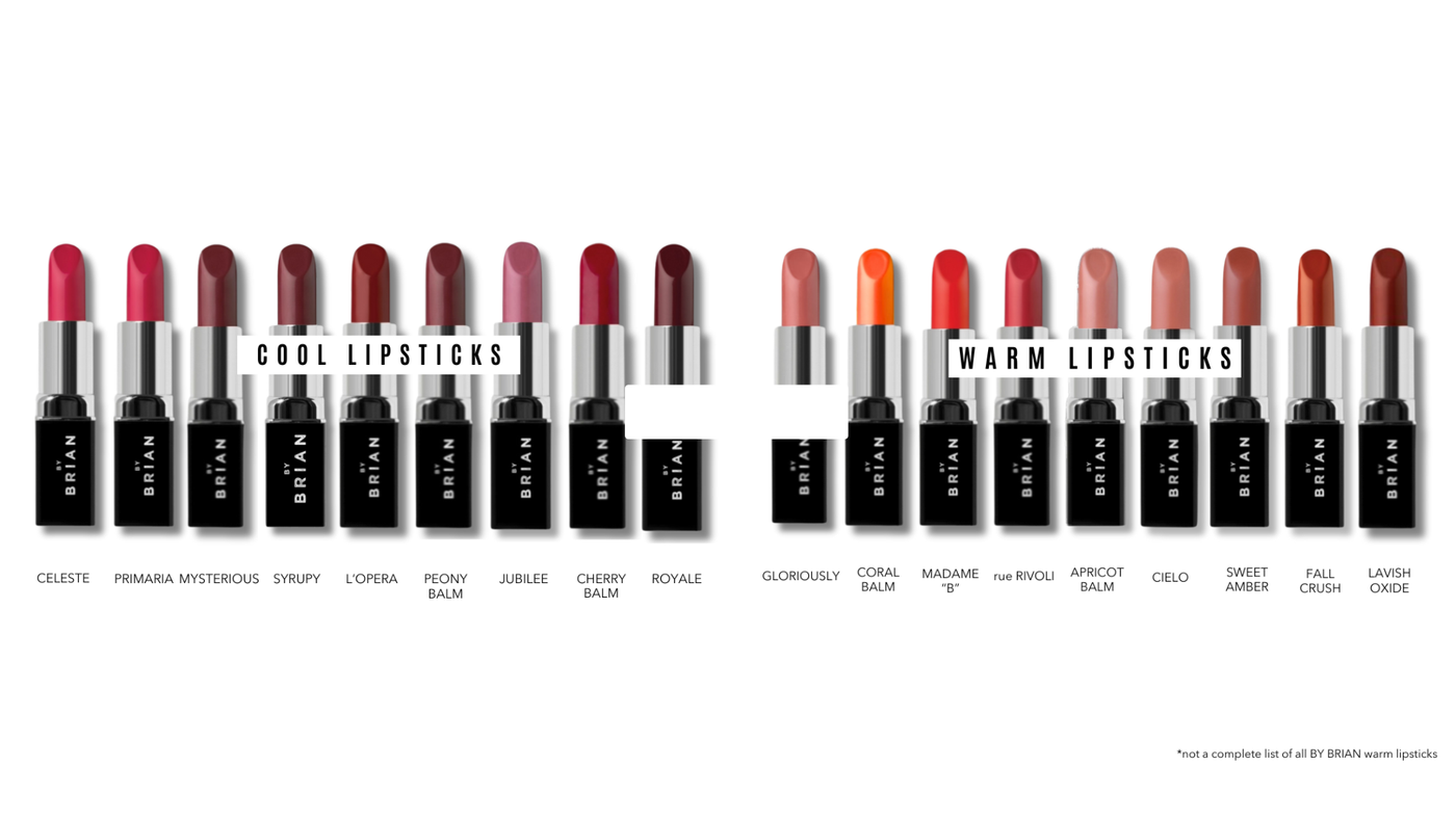 two groups of lipsticks categorized as cool and warm tones not a complet list of all lipstick from by brian